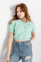 Cárdigan Corto de Punto para Mujer, Manga Corta, Cuello Polo con Botones, Cárdigan Elástico de Punto Personalizado