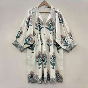 Haute qualité femmes robe mi-longue bohème coton Floral main bloc imprimer ample parfait été décontracté tunique courte cadeau parfait - Product Image 6