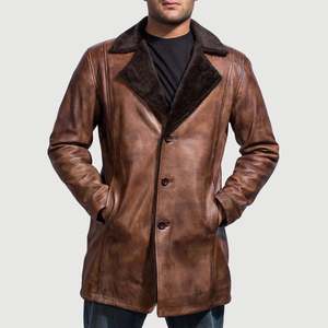 <b>Men's</b> Cinnamon Distressed Leather Fur <b>Coat</b> - Product Image 3