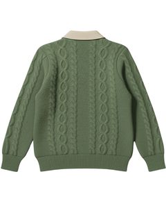 Suéter Polo de Punto Trenzado Personalizado para Hombre, Manga Larga, Cuello con Botones, Cuello en Contraste, Jersey de Invierno en Verde Oliva - Product Image 6