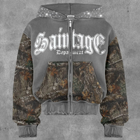 Sudadera con capucha y cremallera para hombre, estilo streetwear de invierno, corte cropped y holgado, 180 GSM, de felpa francesa, con efecto descolorido por el sol, pedrería y lavado ácido, de algodón/bambú