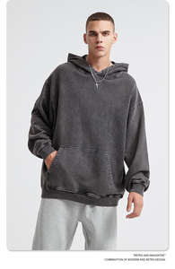 Sweat à capuche long délavé à l'acide, coupe classique, logo personnalisé OEM, 100% coton, lavage vintage, 300 grammes, automne pour homme - Product Image 3