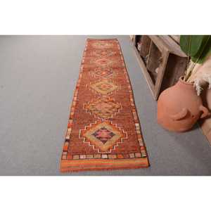 Alfombra turca vintage con diseño étnico marrón naranja patchwork estilo clásico 2.4x11ft lana con respaldo de látex para decoración de habitación de adolescentes - Product Image 1