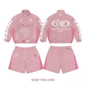 Premium Winter Casual Men's 120 GSM Polyester Taslon Windbreaker Short <b>Set</b> Embroidered Custom Logo Pink Contrast Panel - Product Image 1