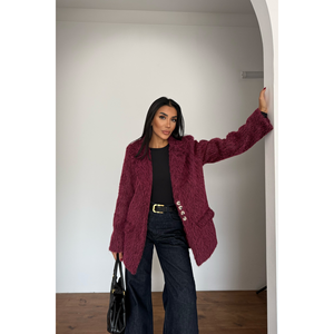 เสื้อแจ็คเก็ตลายอัลปาก้าทรงบอยเฟรนด์สำหรับผู้หญิง สีบอร์โดซ์ - Product Image 4