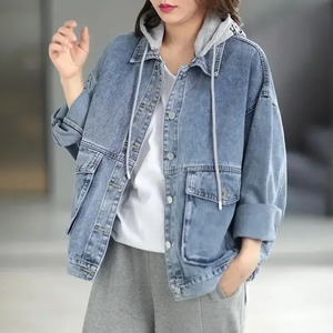 100% coton biologique délavé Denim veste élégante en gros à capuche jean veste décontracté respirant court femme veste - Product Image 3