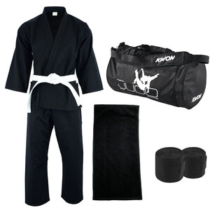 Kwon Judo Uniform Kit Black 100% Cotton Breathable Lightweight Quick-Dry Adult Unisex with Belt Bag Towel Hand <b>Wraps</b> - Product Image 1