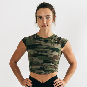 Manches cape ajustées en 95% coton 5% Spandex pour femme, encolure ras du cou en forme de Raglan, toile d'olive, camouflage, ourlet court, t-sh - Product Image 1