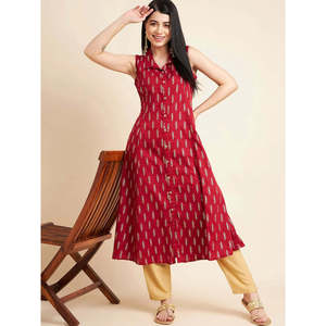 Kurta décontractée pour femme, coupe trapèze, sans manches, imprimé floral, en coton bordeaux, taille unique, taille naturelle, respirante, design ODM pour le quotidien - Product Image 5