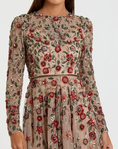 Robe de bal formelle à perles, élégante, col rond, manches longues, design brodé à la main, paillettes, antistatique, respirante, longueur au sol - Product Image 3