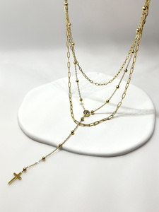 Collier ras du cou élégant et tendance pour femme Moonriver, pendentif triple perle en acier inoxydable plaqué or 18 carats, style minimaliste - Product Image 2