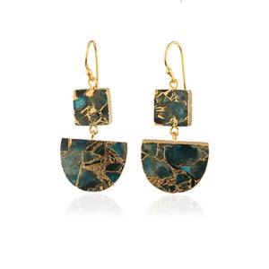 Double stone copper turquoise jewelry mohave apatite copper turquoise dangle earring 18k gold electroplated geometric earrings - Product Image 1