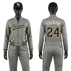 <b>Womens</b> Baseball Training Suit Polyester Spandex Tricot 320 GSM Beige Black Gold Contrast Stripe <b>Jacket</b> Pants Custom Heat Transfe - Product Image 2