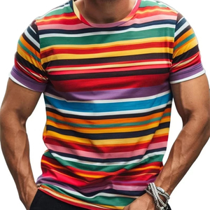 Jersey informal de verano para hombre, camiseta de gran tamaño, estampado gráfico de rayas transpirables, hecho de poliéster/material de algodón - Product Image 2