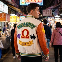 Blouson universitaire en chenille avec col montant et manches en cuir orange, logo personnalisé sur le devant, OEM