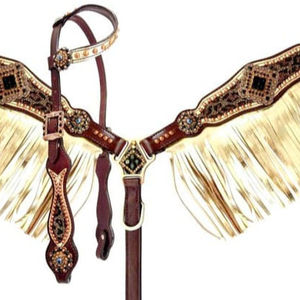 ที่สวมศีรษะและปลอกคออกสไตล์ขนนกสีทองทำจากไนลอนคุณภาพสูงพร้อมเครื่องมือสำหรับการแข่งม้าและความปลอดภัย - Product Image 1