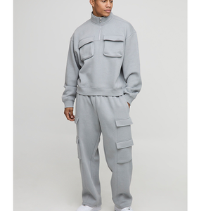 Conjunto de 2 piezas de chándal con cremallera de un cuarto, bordado y estampado en relieve, 100% algodón, esencial, personalizado, con múltiples bolsillos y pantalón cargo de pierna recta. - Product Image 1