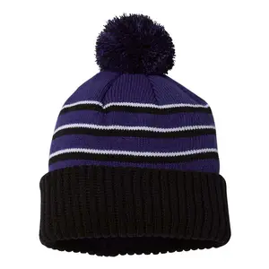 Womens inverno com nervuras Beanie cruzado Cap Chunky cabo malha Pompom macio quente acrílico Hat Beanie