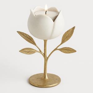 ที่ตั้งเทียนทีไลท์สีขาวรูปดอกกุหลาบพร้อมฐานใบและก้านโลหะสีทองประดับดอกไม้หรูหราใช้ในการตกแต่งบ้านให้เป็นของขวัญที่โรแมนติก - Product Image 1