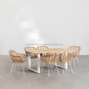 Set ristorante di Design contemporaneo rettangolare in legno tavoli da pranzo con 6 sedie da giardino in Rattan sintetico per mangiare
