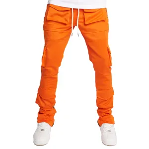 Custom Logo Stacked Pants Trousers For Men High Quality Plain Drawstring Multi Pockets Zip Split Hem Design Men Stacked Pants
