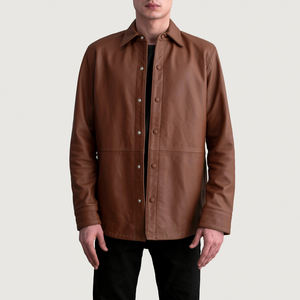Chemise-veste en cuir marron pour homme, fermeture à boutons, manches longues, col, cuir véritable, décontractée, élégante, design de chemise-veste - Product Image 3