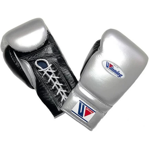 ถุงมือชกมวยแบบผูกเชือก Winning สีเงิน-ดำ หนังแท้ สำหรับฝึกซ้อมและแข่งขันมืออาชีพ ใช้ในโรงยิม ขนาด 8oz 10oz 12oz - Product Image 1