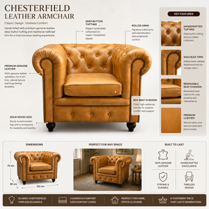 Luxury Convertible Genuine Leather Chesterfield Armchair 1 Seater <b>Sofa</b> | Vintage Tufted Button Rolled Arm Chair Solid Wood <b>Legs</b> - Product Image 3