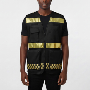 Gilet de sécurité pour homme, logo personnalisé, maille, ANSI classe 2, imperméable, LED clignotante, multi-poches, couleur noire unie, bandes réfléchissantes dorées - Product Image 2