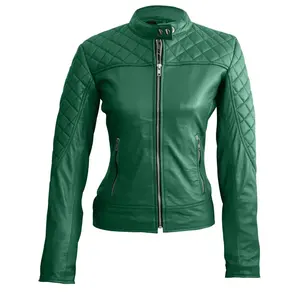 Ladies Slim Fit 100% Veste en cuir col montant fermeture éclair avant manches longues style moto à la mode respirant coton remplissage - Product Image 4