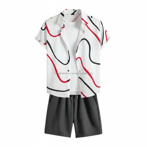 ชุดเซ็ตเสื้อผ้าผู้ชายพิมพ์ลายตามสั่ง OEM - ลายคลื่นสีขาว แดง ดำ ชุดฤดูร้อน 2 ชิ้น - Product Image 1