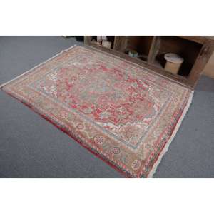 Vintage Turkish <b>Rug</b> Red Beige 4.7 X 6.2ft Large Area Woolen Patchwork Design for Hallway or <b>Bedroom</b> Latex Backed - Product Image 2