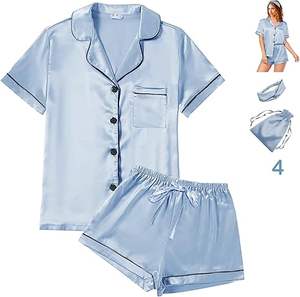European American Cross-border Women's 100% <b>Silk</b> Satin Shirt <b>Pajamas</b> Suit Breathable Summer <b>Short</b>-sleeved V-neck Solid Color - Product Image 6