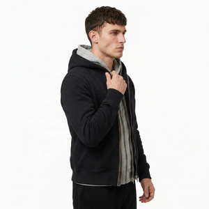 Sweat-shirt surdimensionné en coton Y2K pour homme, personnalisé, noir et gris, à double capuche, fermeture éclair intégrale, brodé, écologique, style streetwear, poids lourd - Product Image 3