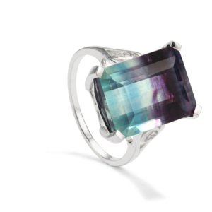 Anillo de Fluorita Bicolor con Zirconia Blanca de Corte Ovalado, Plata de Ley, Diseño Geométrico Boho - Product Image 1