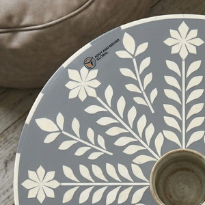 All New Modern Handcrafted Bone Inlay <b>Round</b> Side <b>Table</b> Grey and <b>White</b> Floral Vine Pattern End <b>Table</b> Luxury Bone Inlay Coffee Tab - Product Image 4