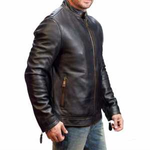 Genuine Cow Skin Coated Varsity Leather <b>Jacket</b> <b>for</b> <b>Men</b> with Stand Collar Hooded Brown Vintage Style - Product Image 5