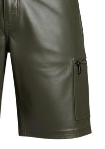 Mens Genuine Leather Cargo <b>Shorts</b> with Side <b>Zipper</b> Pockets Olive Green Fashionable and Streetstyle - Product Image 2