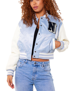 Chaqueta universitaria azul claro y blanca, chaqueta bomber con letras de gran tamaño con parche N, chaqueta de moda urbana elegante para mujer - Product Image 2