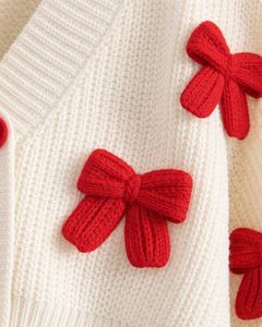 Customized White Knitted <b>Cropped</b> <b>Cardigan</b> Sweater With Red Bow Applique <b>Women</b> Winter Button Front Soft Warm Fashion Top OEM - Product Image 6