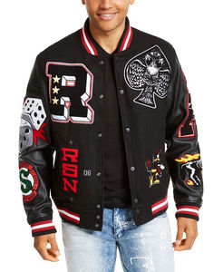 Chenille Embroidered Varsity Jacket <b>Stand</b> Collar Stylish Retro High Street Letterman Front Side Pockets Customizable - Product Image 4