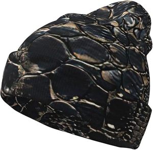 Gorros de Punto con Estampado de Piel de Serpiente, Gorros Cálidos de Invierno para Mujer, Gorros Elegantes Unisex sin Visera, Gorro con Borde Reforzado, Color Negro - Product Image 1