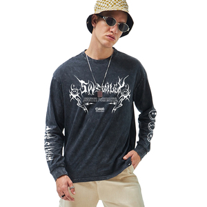 เสื้อยืดโอเวอร์ไซส์ผู้ชาย คอโอ แขนยาว ผ้าฝ้าย 100% สไตล์เรโทร ล้างสีแบบ Stone Washed พิมพ์ลายวินเทจ Acid Wash ระบายอากาศได้ดี แห้งเร็ว - Product Image 1