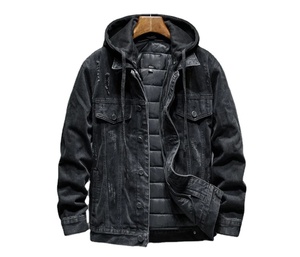 Chaqueta de Mezclilla con Capucha para Hombre, Invierno 2025, Negra y Azul, Gruesa, Cálida, Forrada de Lana, Formal, Casual, con Botones, Estilo Urbano, Vintage, Talla Grande - Product Image 1