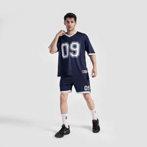 Ensemble de maillot de football pour jeunes, bleu marine, respirant, en polyester, haut et pantalon avec sublimation et numéro imprimé, taille XL, équipement sportif de haute qualité - Product Image 6