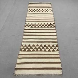 Turkish Kilim Runner Rug 3.2x9.4 ft (96x285 cm), Vintage <b>Brown</b> Floral <b>Wool</b> Rug - Product Image 1