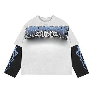 Streetwear surdimensionné personnalisé Distressed Full Print Graphic Flame Sleeves Y2K Double couche T-shirt à manches longues - Product Image 2