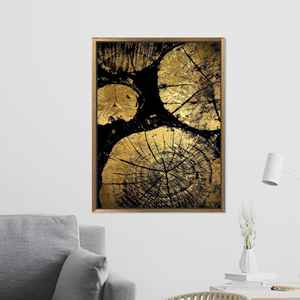 Impresión en lienzo de anillos de oro botánicos modernos - Elegante arte abstracto en negro y dorado, con marco dorado - Product Image 1