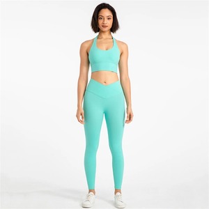 Best Style Quality Yoga Set Top Gym Sports Suit Women Workout Clothes 2pcs Set Hanging Neck Fitness Bra Tight <b>Leggings</b> Tracksuit - Product Image 2