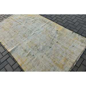 4.5x7.5 ft Vintage Rug, Turkish Area Rug, <b>Yellow</b> Check <b>Wool</b> Rug - Product Image 4
